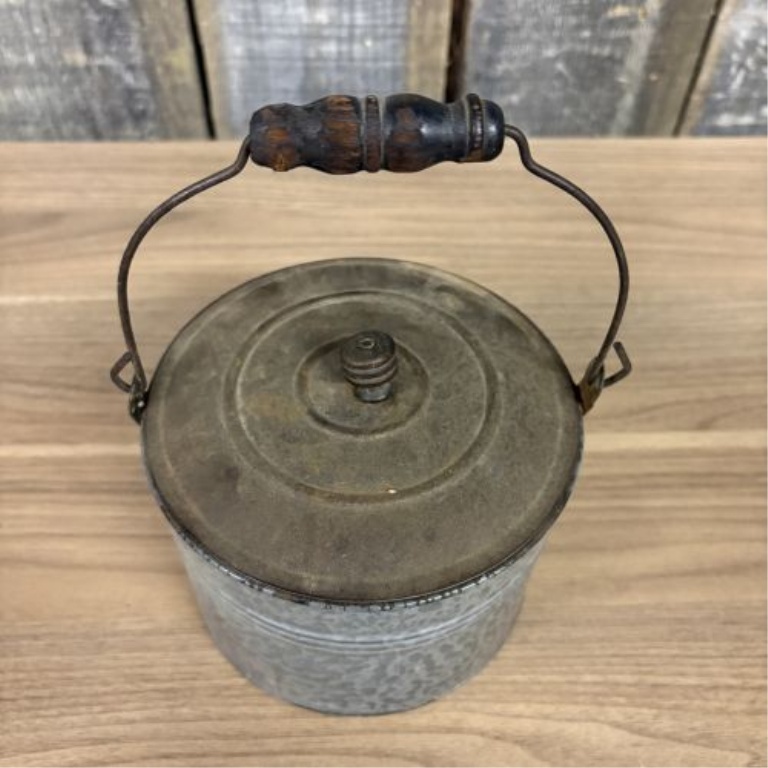 Antique Mottled Galvanized Steel Lidded Lunch Pail with Wooden Grip