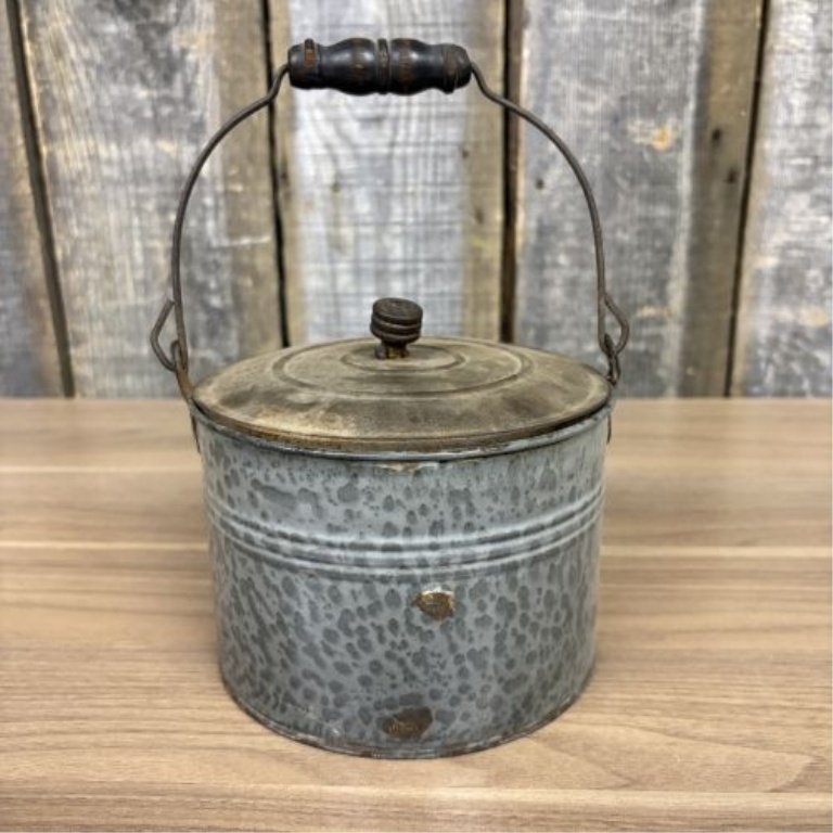 Antique Mottled Galvanized Steel Lidded Lunch Pail with Wooden Grip