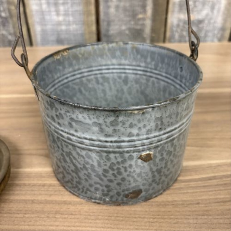 Antique Mottled Galvanized Steel Lidded Lunch Pail with Wooden Grip