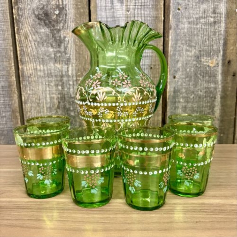 Seven-Piece Emerald Green Enameled Glass Beverage Set