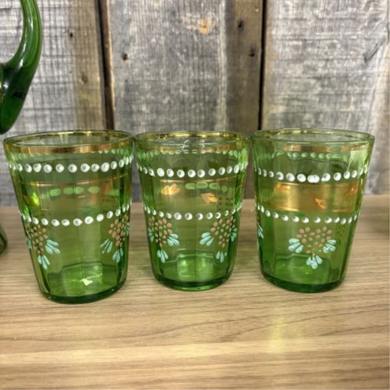 Seven-Piece Emerald Green Enameled Glass Beverage Set