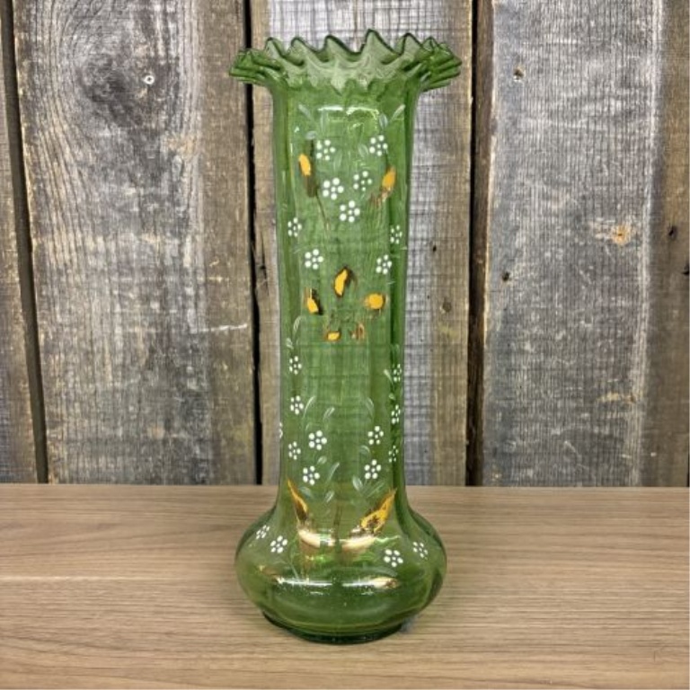 Antique Victorian Hand Blown Green Glass Vase with Enamel Floral Decoration