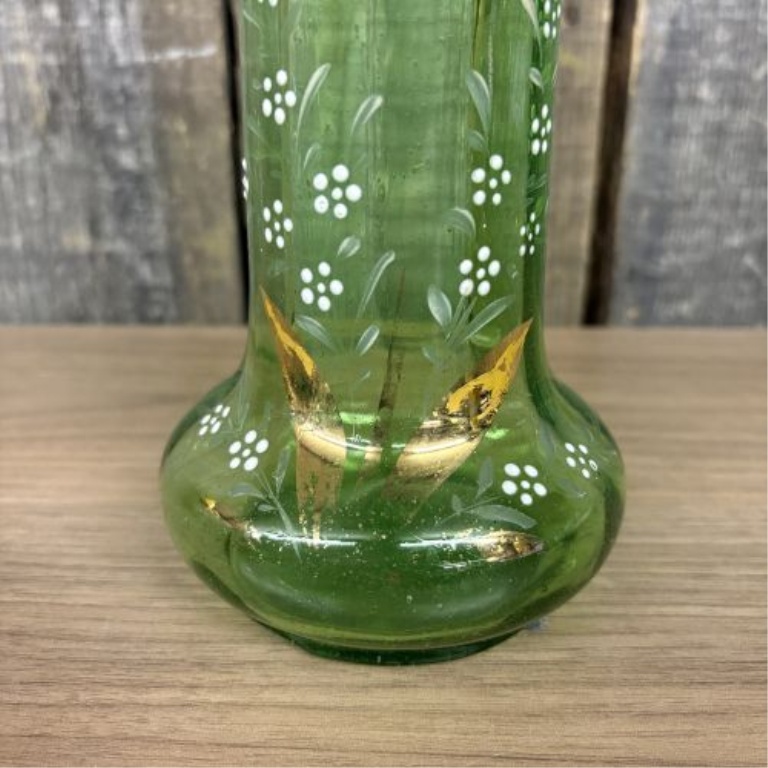 Antique Victorian Hand Blown Green Glass Vase with Enamel Floral Decoration