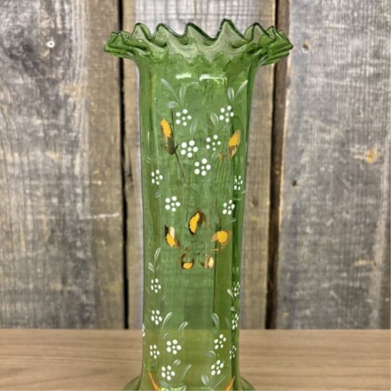 Antique Victorian Hand Blown Green Glass Vase with Enamel Floral Decoration