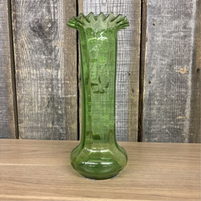 Antique Victorian Hand Blown Green Glass Vase with Enamel Floral Decoration