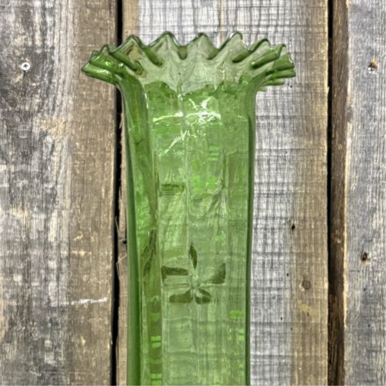 Antique Victorian Hand Blown Green Glass Vase with Enamel Floral Decoration