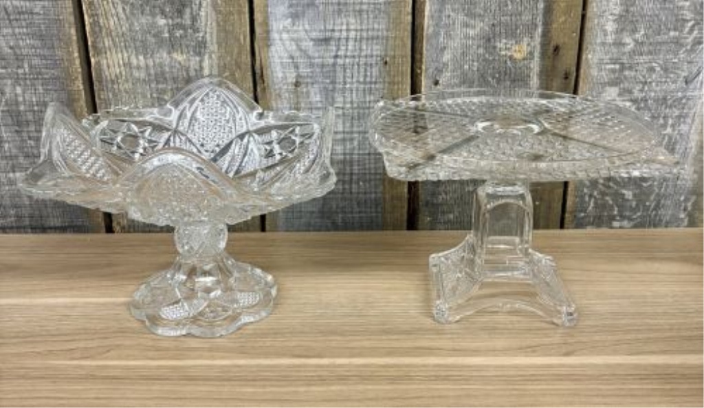 Two Pieces of Vintage American Pressed Glass Including a Whirling Star Pattern Compote and a Diamond Point Cake Stand