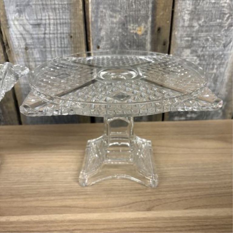 Two Pieces of Vintage American Pressed Glass Including a Whirling Star Pattern Compote and a Diamond Point Cake Stand