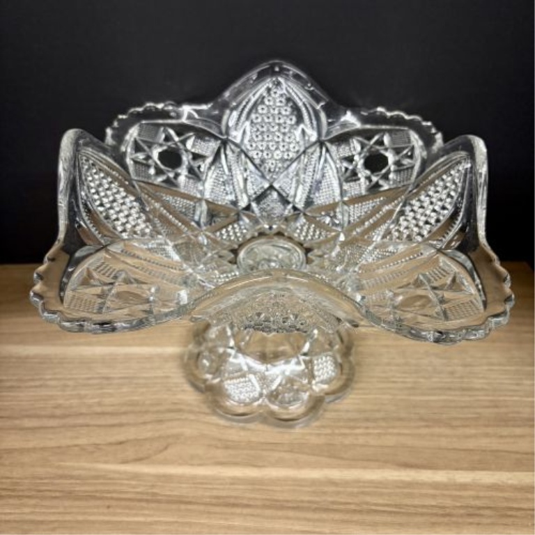 Two Pieces of Vintage American Pressed Glass Including a Whirling Star Pattern Compote and a Diamond Point Cake Stand