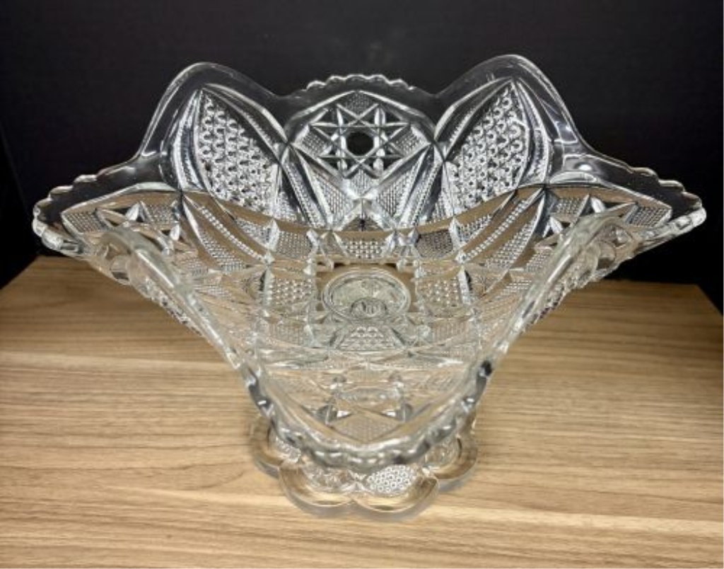 Two Pieces of Vintage American Pressed Glass Including a Whirling Star Pattern Compote and a Diamond Point Cake Stand