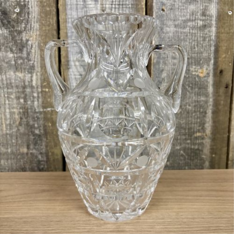 Two-Handled Cut Crystal Trophy Vase Attributed to Crystal Clear Industries Astor Pattern