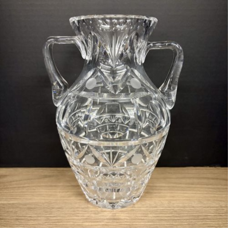 Two-Handled Cut Crystal Trophy Vase Attributed to Crystal Clear Industries Astor Pattern