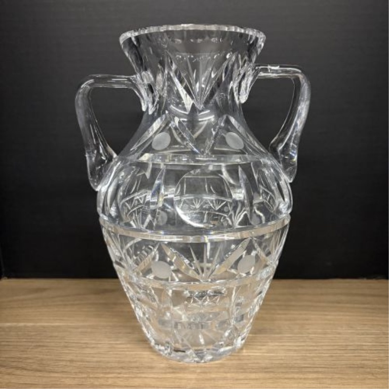 Two-Handled Cut Crystal Trophy Vase Attributed to Crystal Clear Industries Astor Pattern