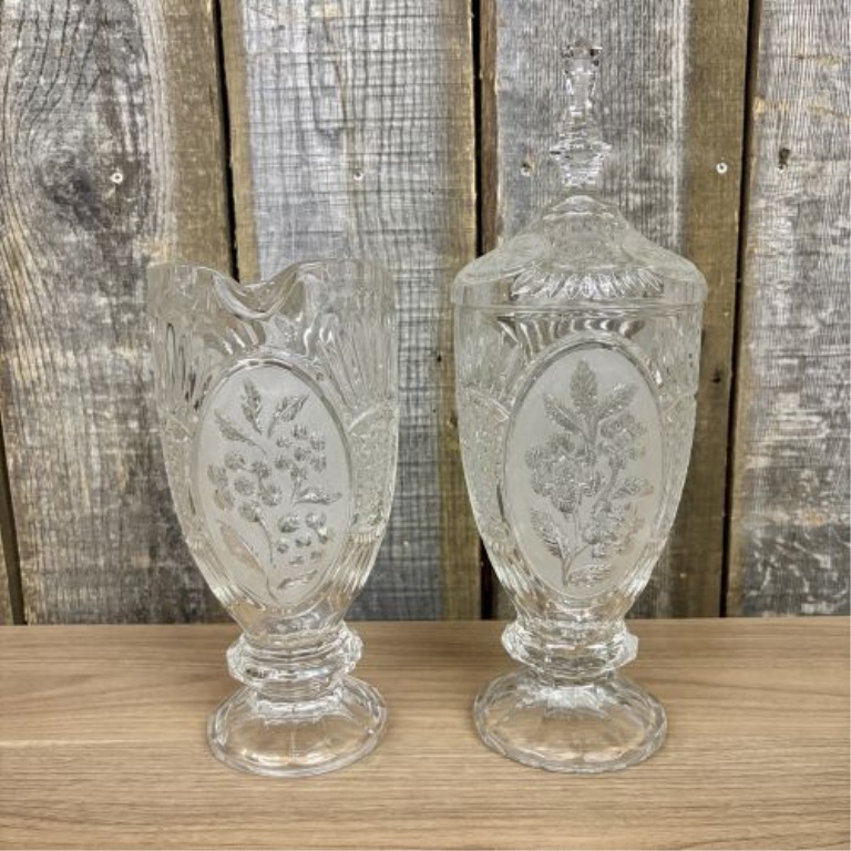 A Pair of Mid-Century Pressed Colorless Glass Vessels in the Frosted Rose Pattern
