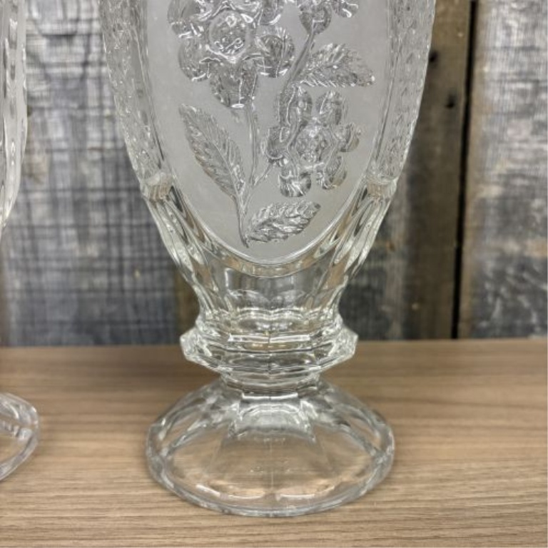 A Pair of Mid-Century Pressed Colorless Glass Vessels in the Frosted Rose Pattern