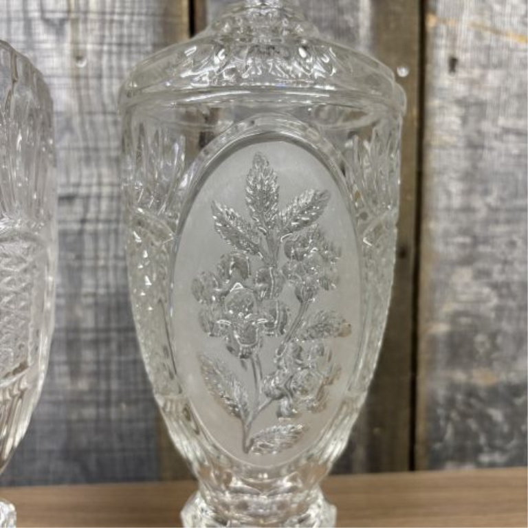 A Pair of Mid-Century Pressed Colorless Glass Vessels in the Frosted Rose Pattern
