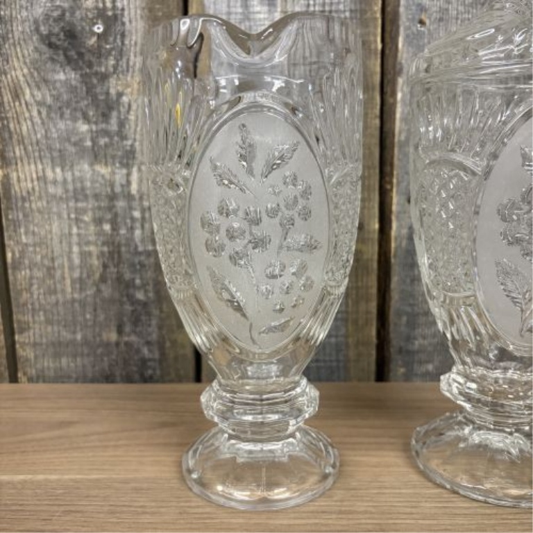 A Pair of Mid-Century Pressed Colorless Glass Vessels in the Frosted Rose Pattern
