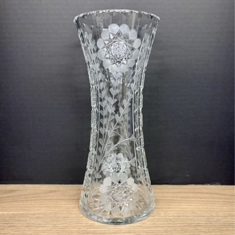Large Cut and Engraved Crystal Corset Vase in the American Brilliant Style