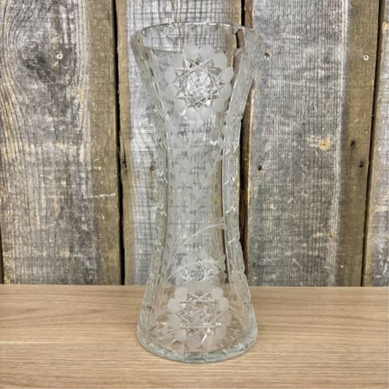 Large Cut and Engraved Crystal Corset Vase in the American Brilliant Style
