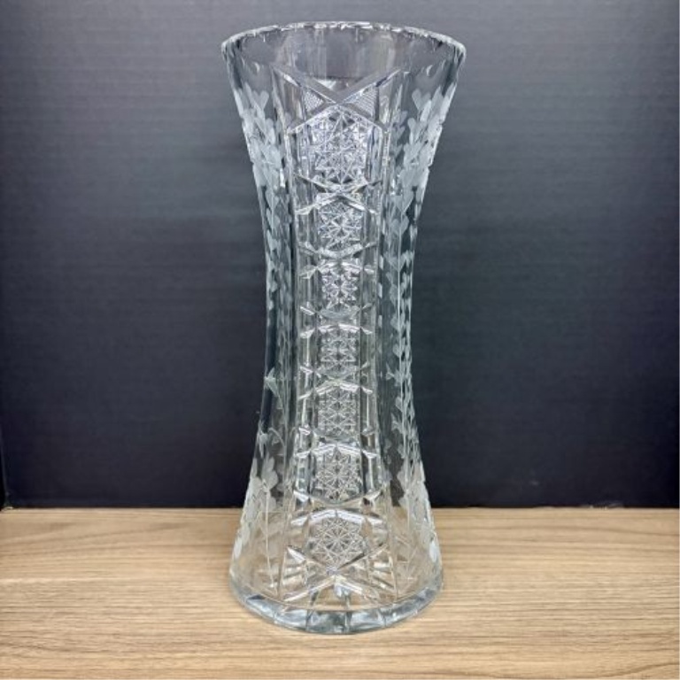 Large Cut and Engraved Crystal Corset Vase in the American Brilliant Style