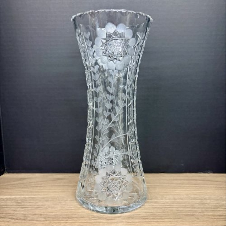 Large Cut and Engraved Crystal Corset Vase in the American Brilliant Style