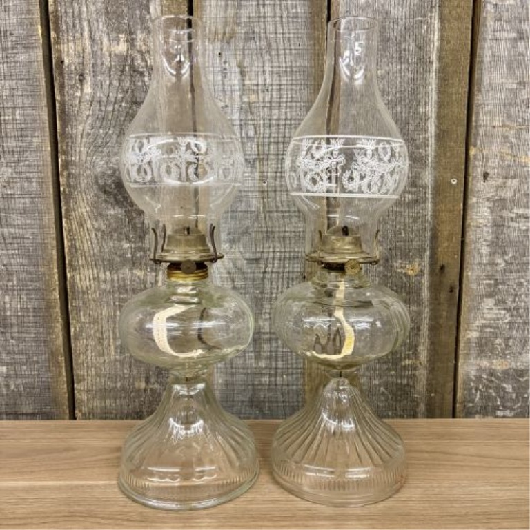 A Pair of Plume and Atwood Clear Pressed Glass Kerosene Lamps