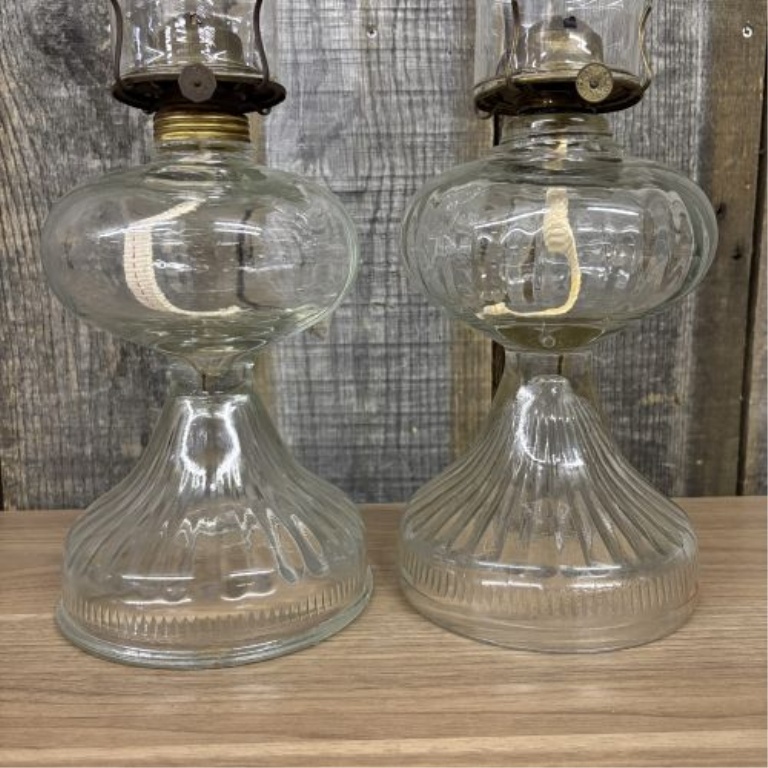 A Pair of Plume and Atwood Clear Pressed Glass Kerosene Lamps