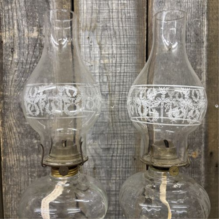 A Pair of Plume and Atwood Clear Pressed Glass Kerosene Lamps