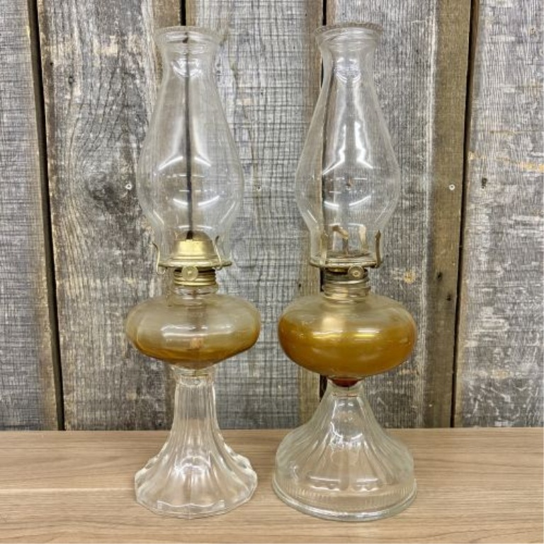 Two Antique Clear Pressed Glass Kerosene Table Lamps with Fluted Pedestal Bases