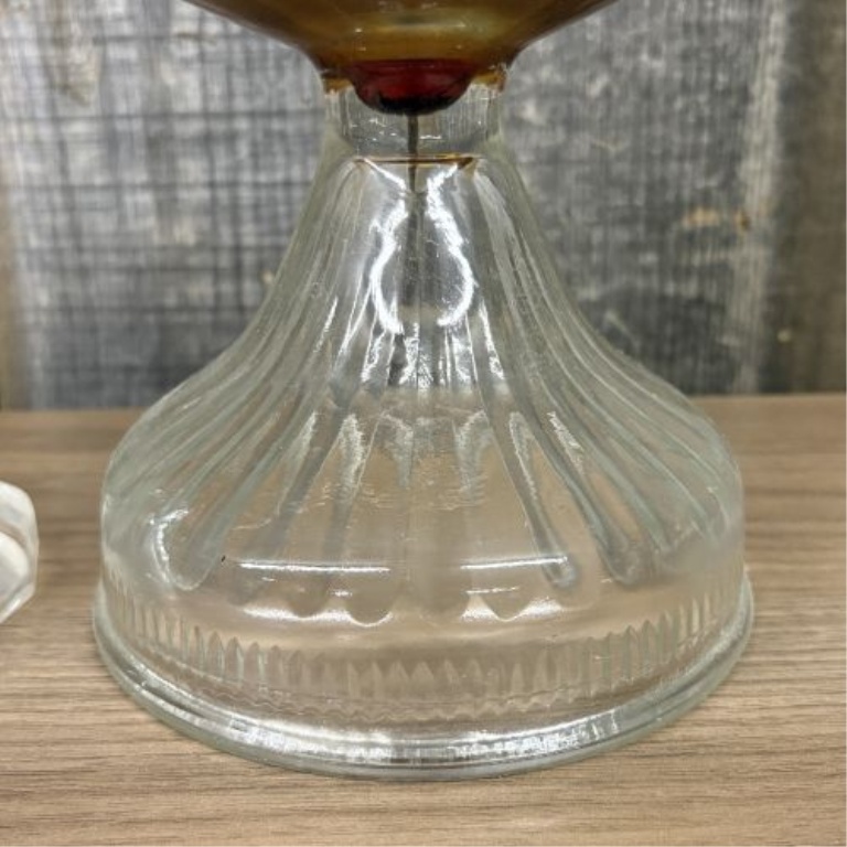 Two Antique Clear Pressed Glass Kerosene Table Lamps with Fluted Pedestal Bases