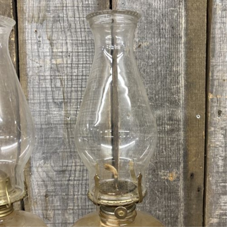 Two Antique Clear Pressed Glass Kerosene Table Lamps with Fluted Pedestal Bases