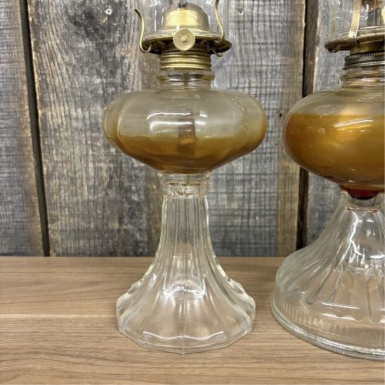 Two Antique Clear Pressed Glass Kerosene Table Lamps with Fluted Pedestal Bases