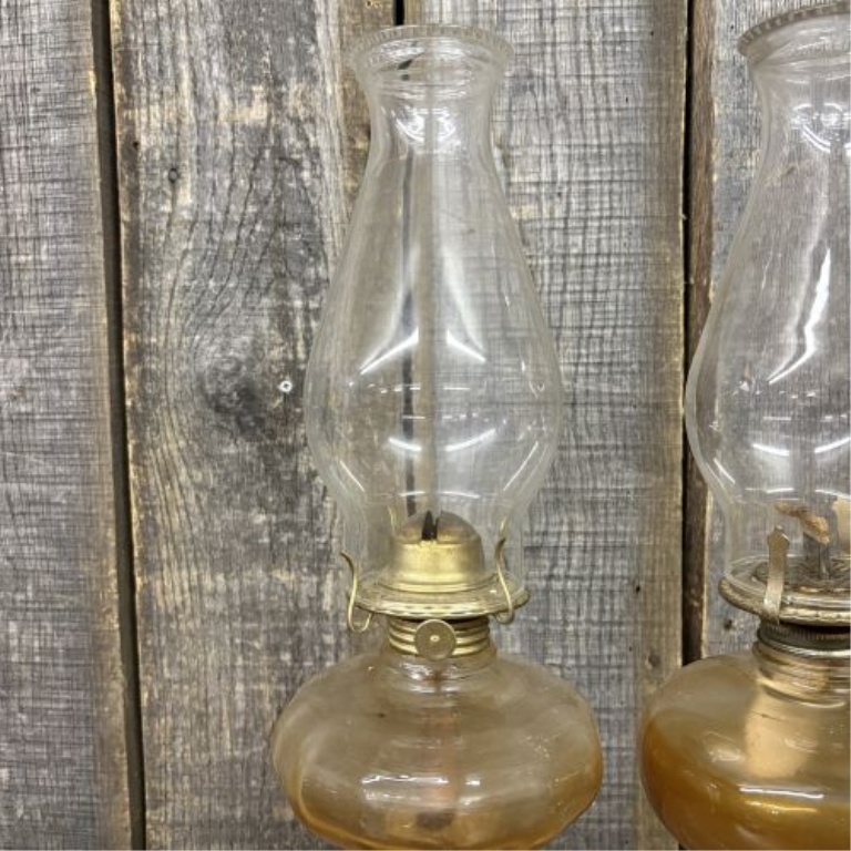 Two Antique Clear Pressed Glass Kerosene Table Lamps with Fluted Pedestal Bases