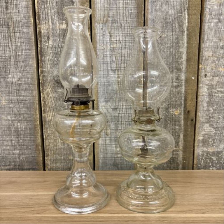 A Pair of Antique Clear Pressed Glass Kerosene Lamps