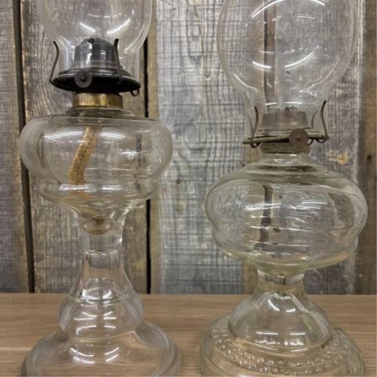 A Pair of Antique Clear Pressed Glass Kerosene Lamps