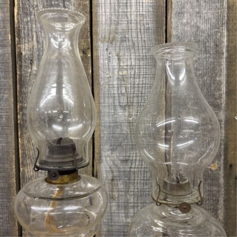 A Pair of Antique Clear Pressed Glass Kerosene Lamps