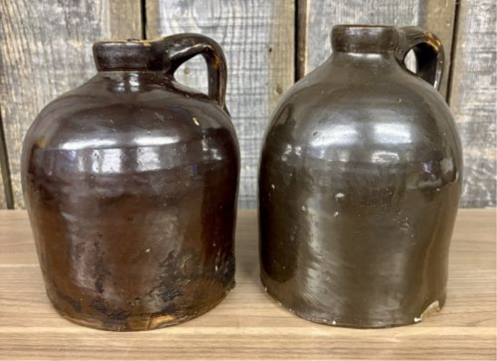 A Pair of Antique American Stoneware Beehive Jugs in Albany-Type Slip Glaze