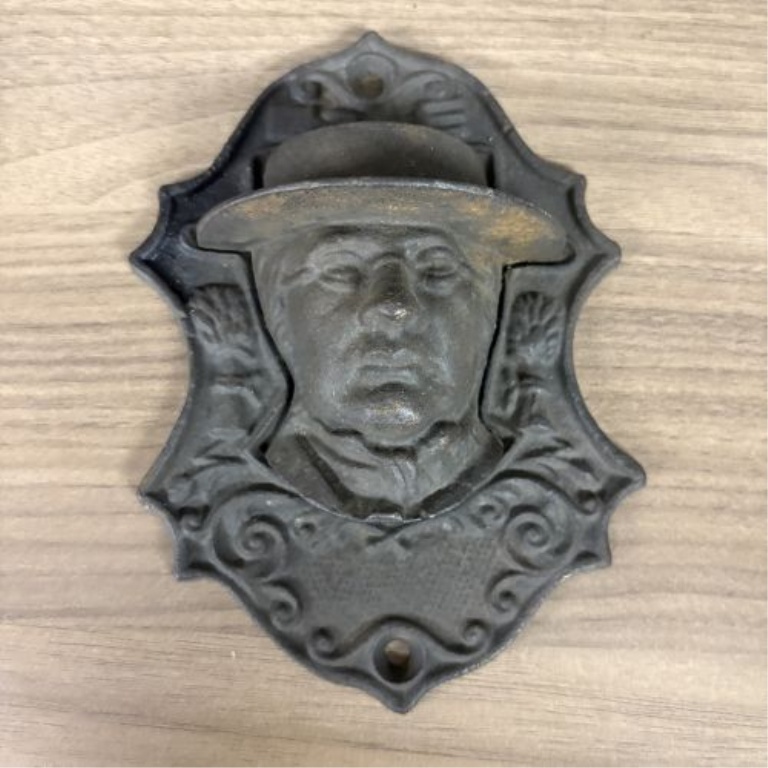 Two Victorian Cast Iron Wall-Mounted Match Pockets including Horace Greeley Depiction