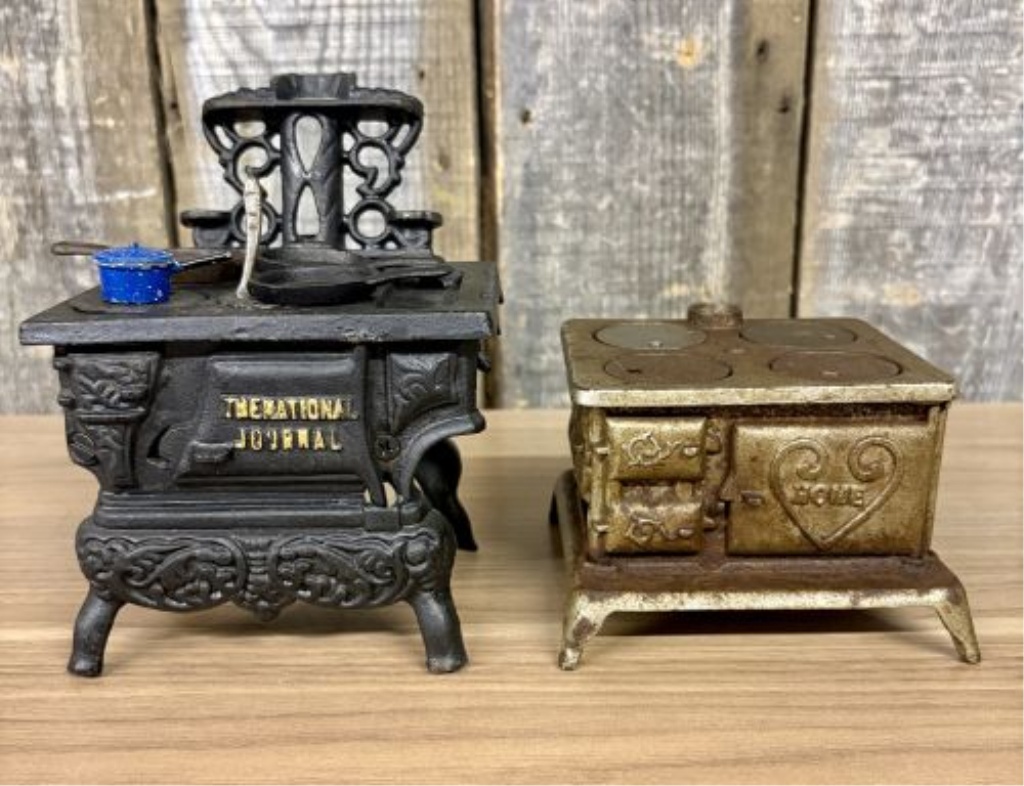 Two Antique Miniature Cast Iron Toy Stoves
