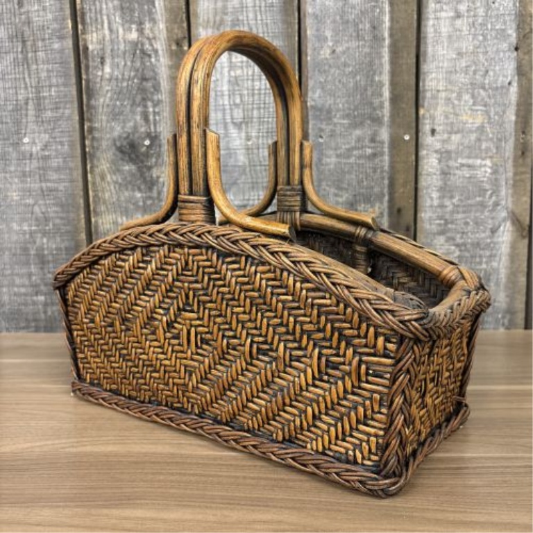 Vintage 1970s Woven Rattan and Wicker Magazine Rack Basket Carrier