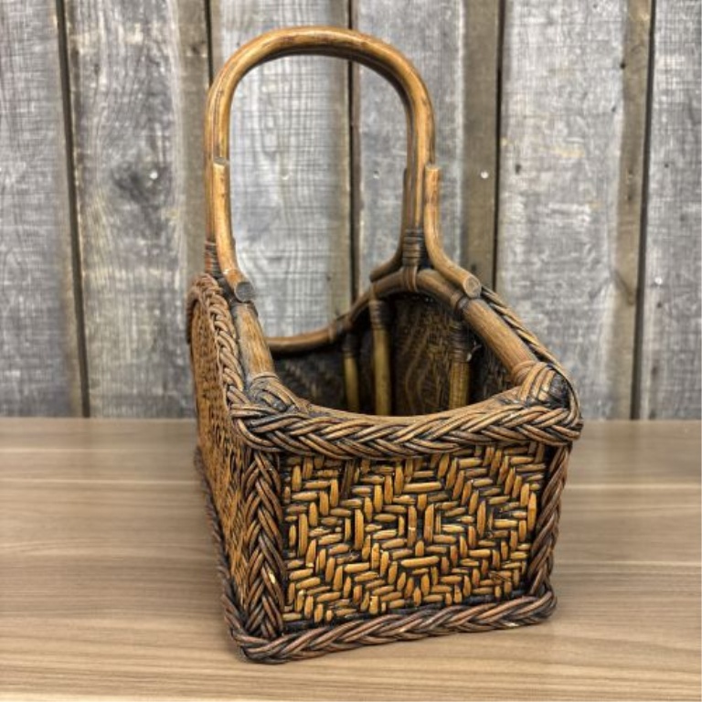 Vintage 1970s Woven Rattan and Wicker Magazine Rack Basket Carrier