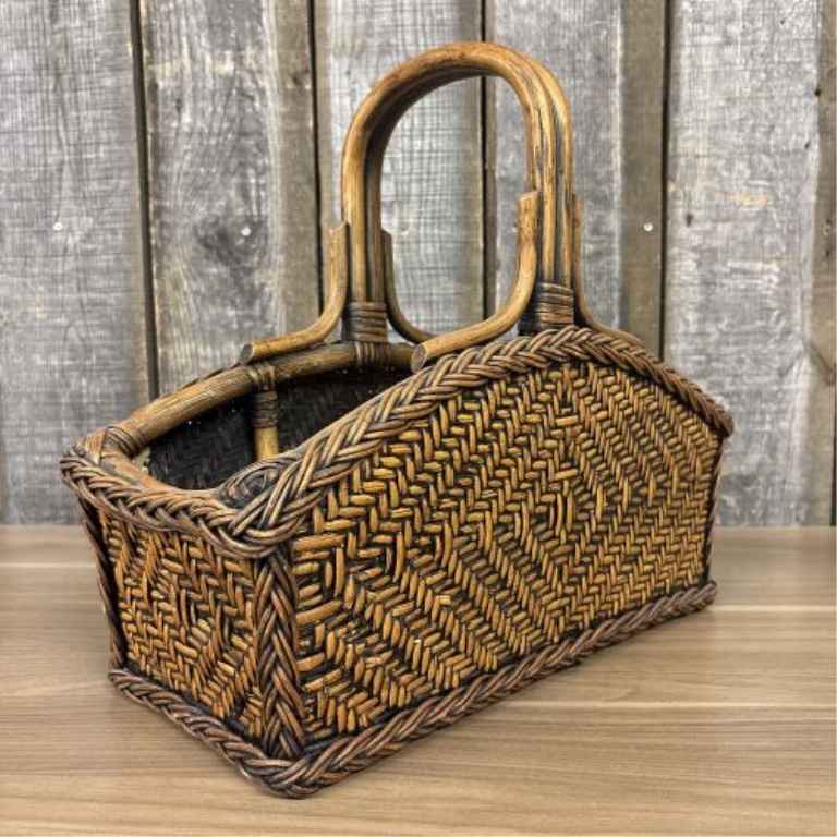 Vintage 1970s Woven Rattan and Wicker Magazine Rack Basket Carrier