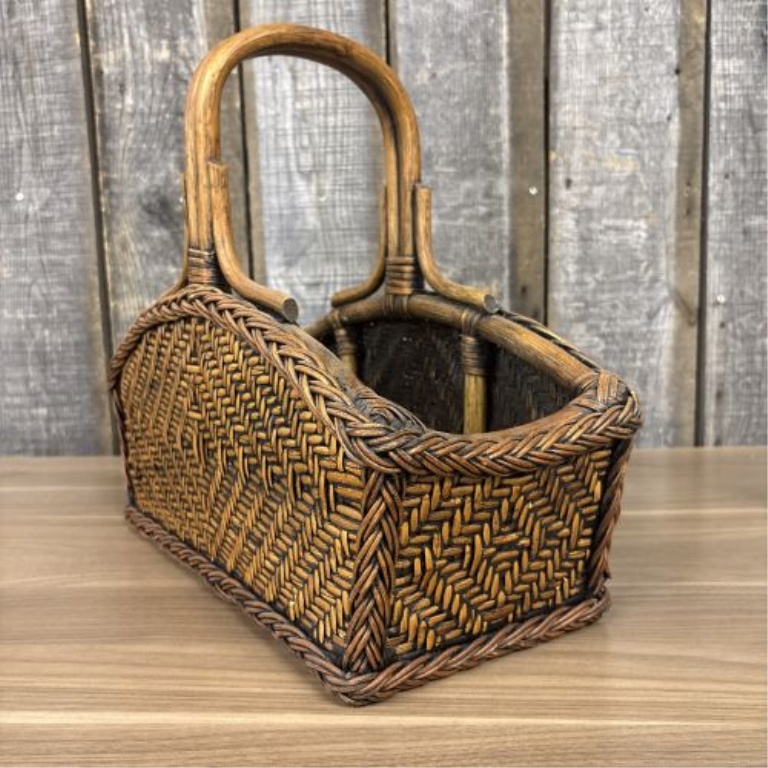 Vintage 1970s Woven Rattan and Wicker Magazine Rack Basket Carrier