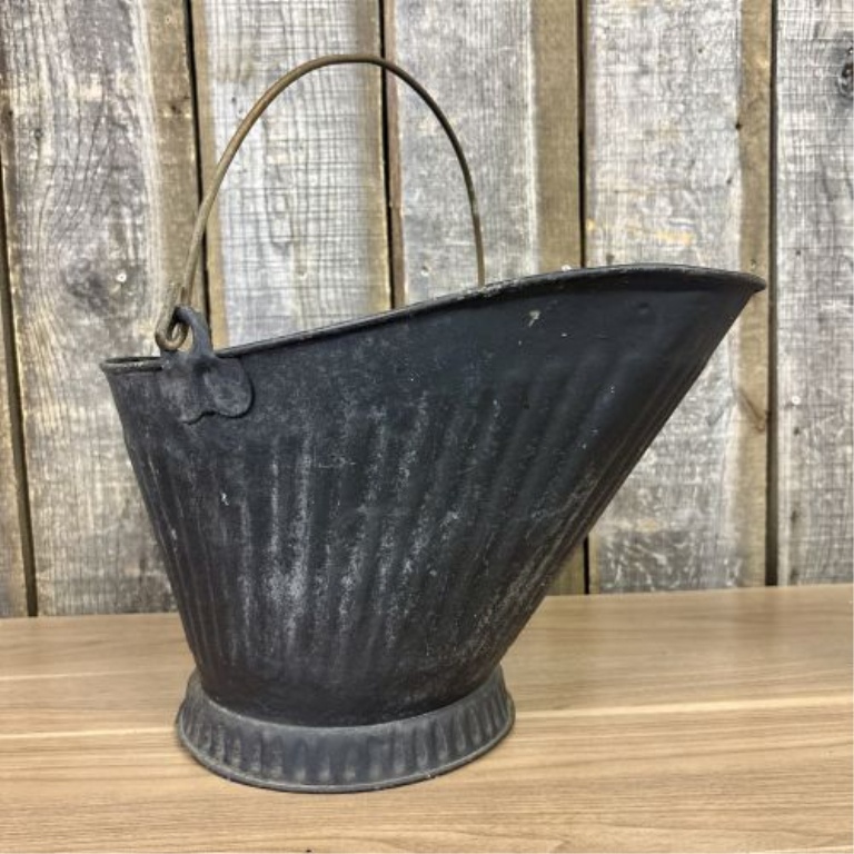 Vintage Painted Metal Helmet Coal Scuttle with Brass Handles
