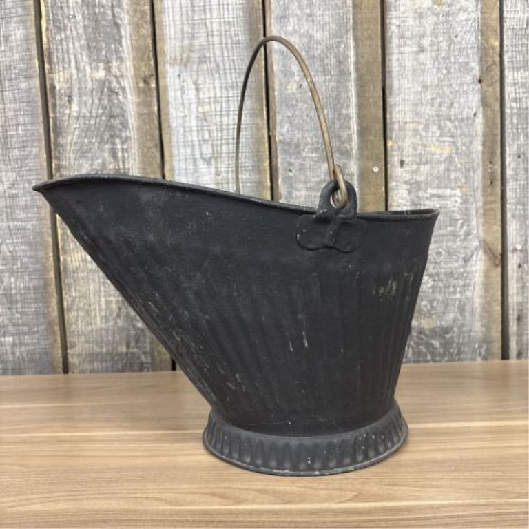 Vintage Painted Metal Helmet Coal Scuttle with Brass Handles