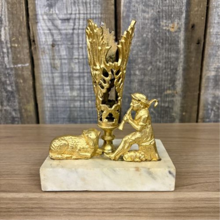 Victorian Style Gilt Metal Shepherd and Sheep Mantel Ornament on Marble Base