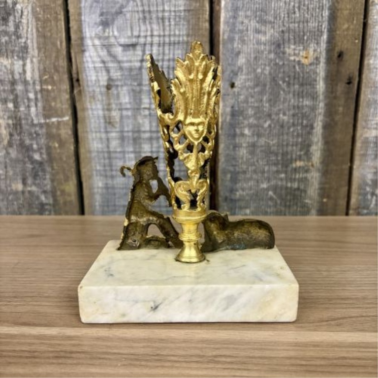 Victorian Style Gilt Metal Shepherd and Sheep Mantel Ornament on Marble Base