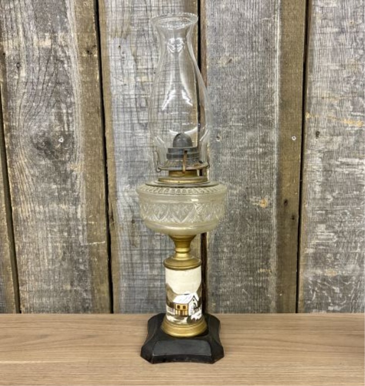 Victorian Composite Kerosene Lamp with Hand-Painted Winter Scene and Plume and Atwood Burner