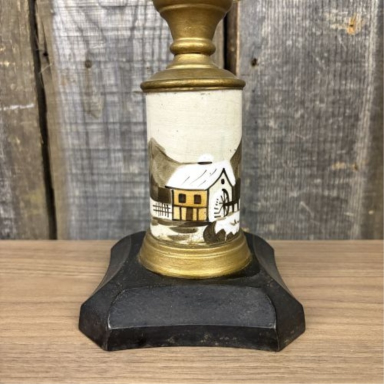 Victorian Composite Kerosene Lamp with Hand-Painted Winter Scene and Plume and Atwood Burner