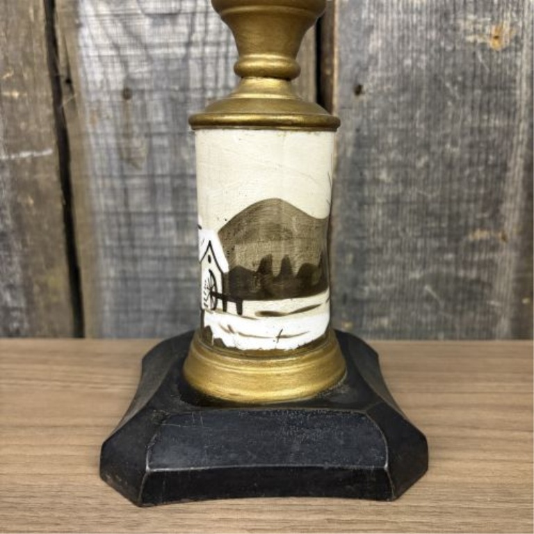 Victorian Composite Kerosene Lamp with Hand-Painted Winter Scene and Plume and Atwood Burner